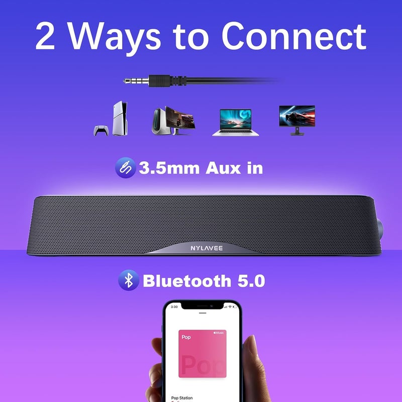 Nylavee Computer Speakers, HiFi Sound Quality Computer Sound Bar, USB Powered PC Speakers, Bluetooth 5.0 and 3.5mm Aux-in Computer Speakers for Desktop, Laptop, PCs, Monitor, Tablets, Xbox, Gaming Speakers - Image 3